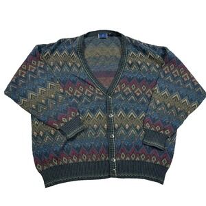 Vintage Cardigan Sweater Men XL Green Grandpa Cosby Geometric Acrylic 90s Golf